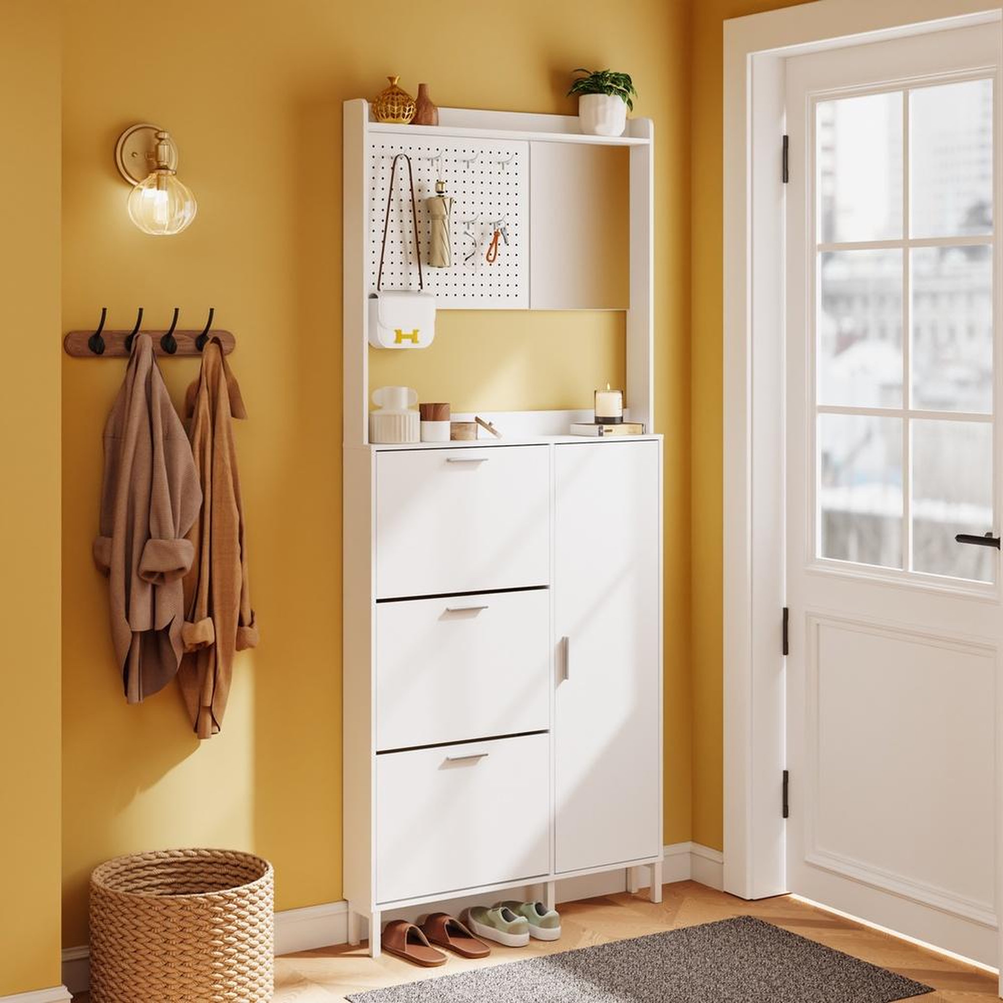 Voir la diapositive 2 : SOBUY Armoire à chaussures blanche avec miroir, meuble d'entrée 10 paires, 83x14x197 cm