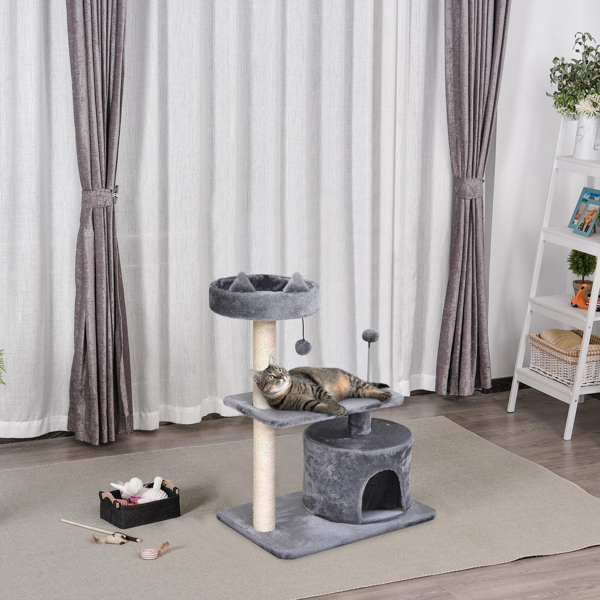 Voir la diapositive 4 : PAWHUT Arbre à chats griffoir sisal naturel centre d'activités niche plateformes jeu boule suspendue et à ressort gris