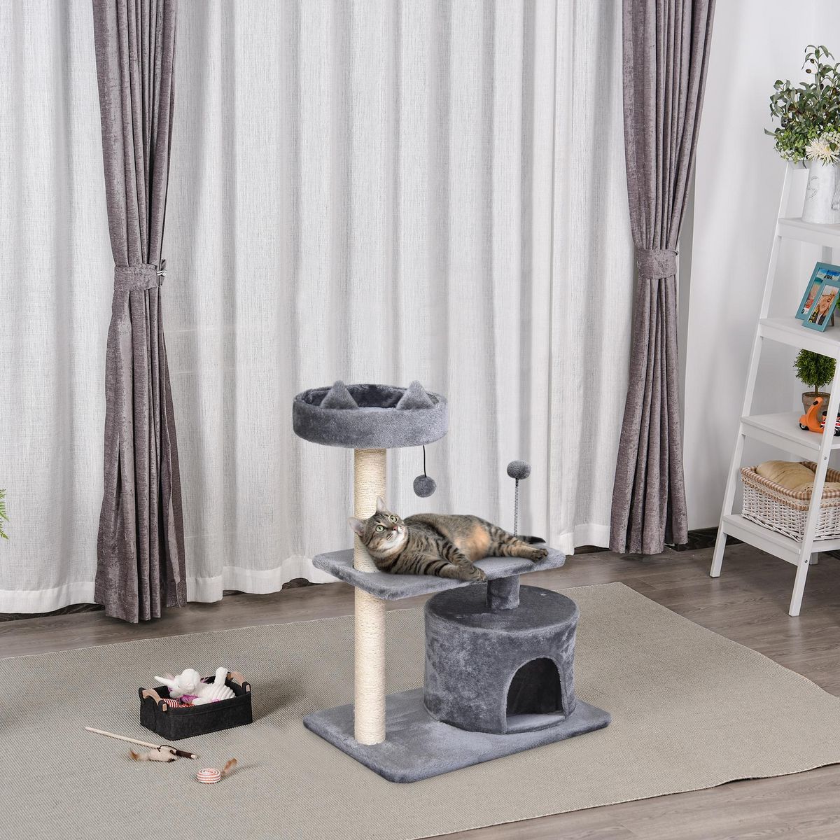 PAWHUT Arbre à chats griffoir sisal naturel centre d'activités niche plateformes jeu boule suspendue et à ressort gris