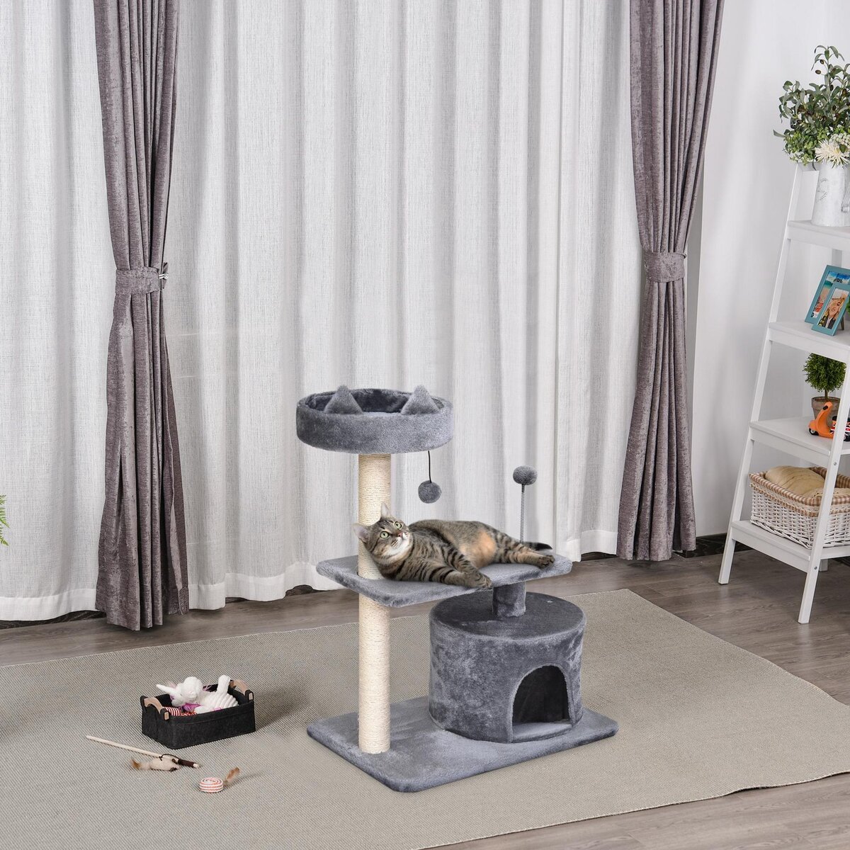 PAWHUT Arbre à chats griffoir sisal naturel centre d'activités niche plateformes jeu boule suspendue et à ressort gris