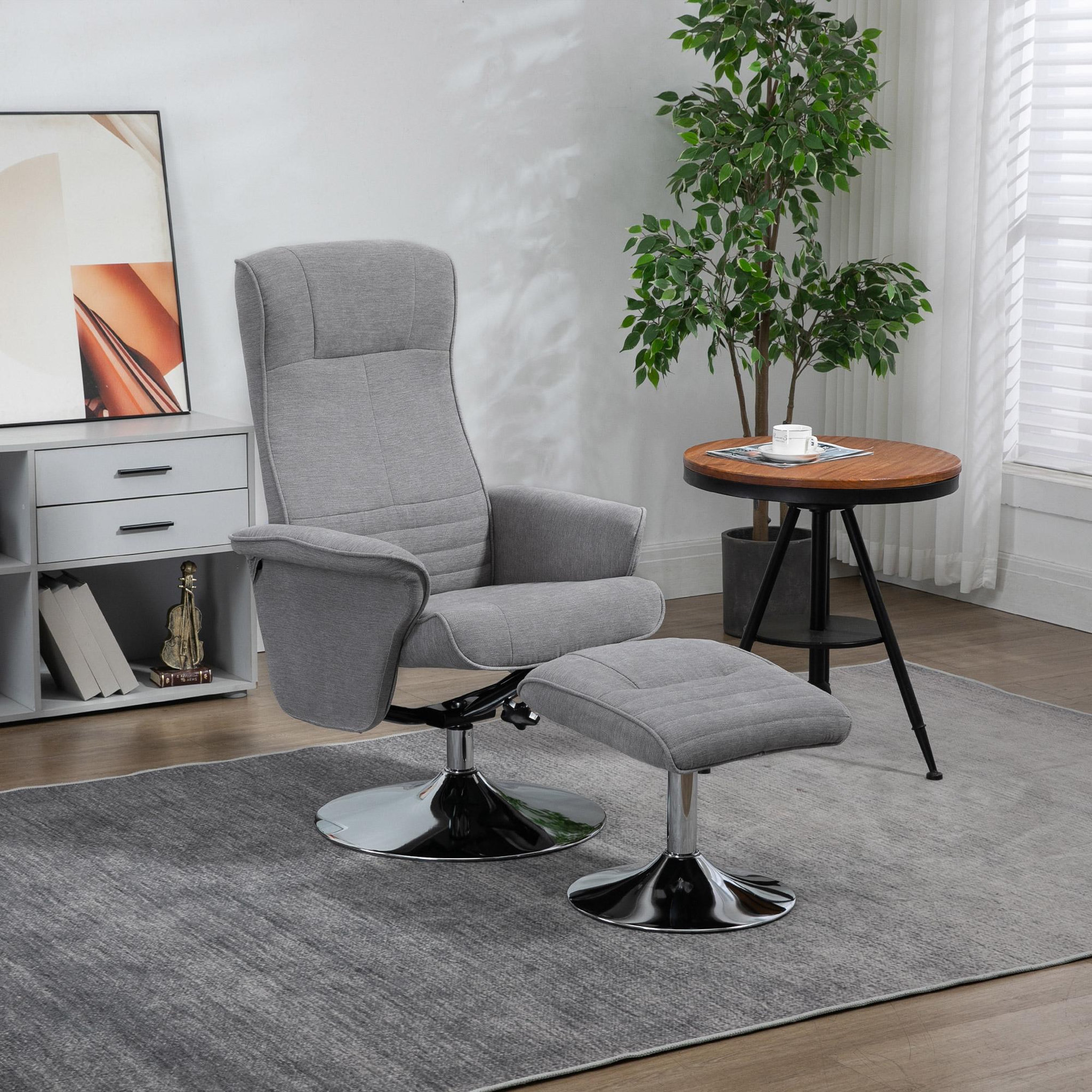 Voir la diapositive 2 : HOMCOM Fauteuil relax style contemporain - pivotant, dossier inclinable, repose-pied - piètement acier chromé tissu gris