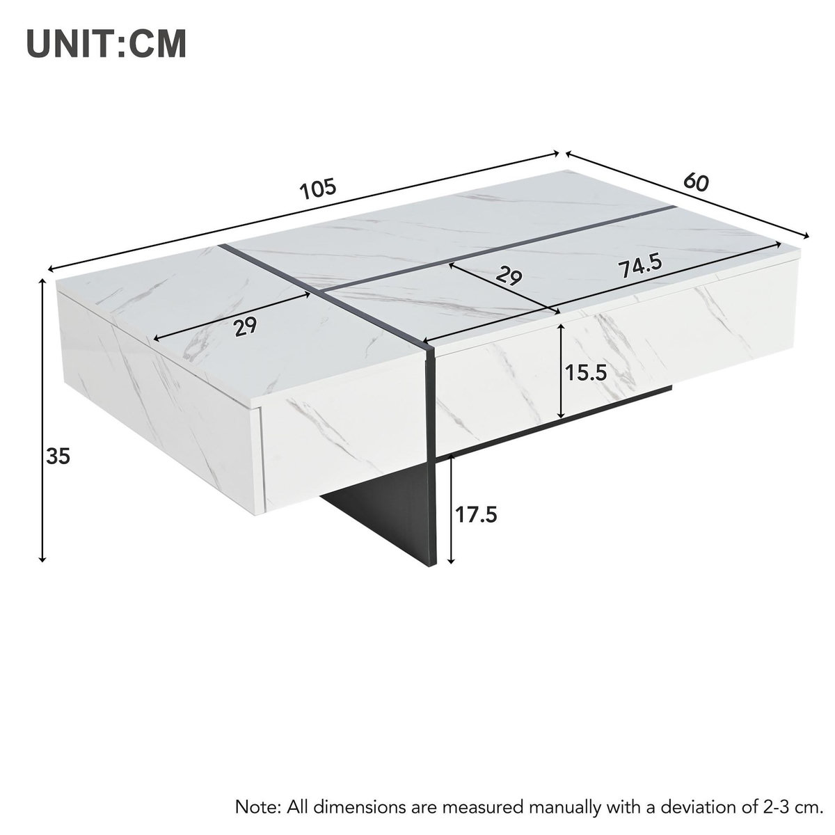 MERAX Table basse rectangulaire blanc avec 3 tiroirs - 60x105 cm led panneau de particules