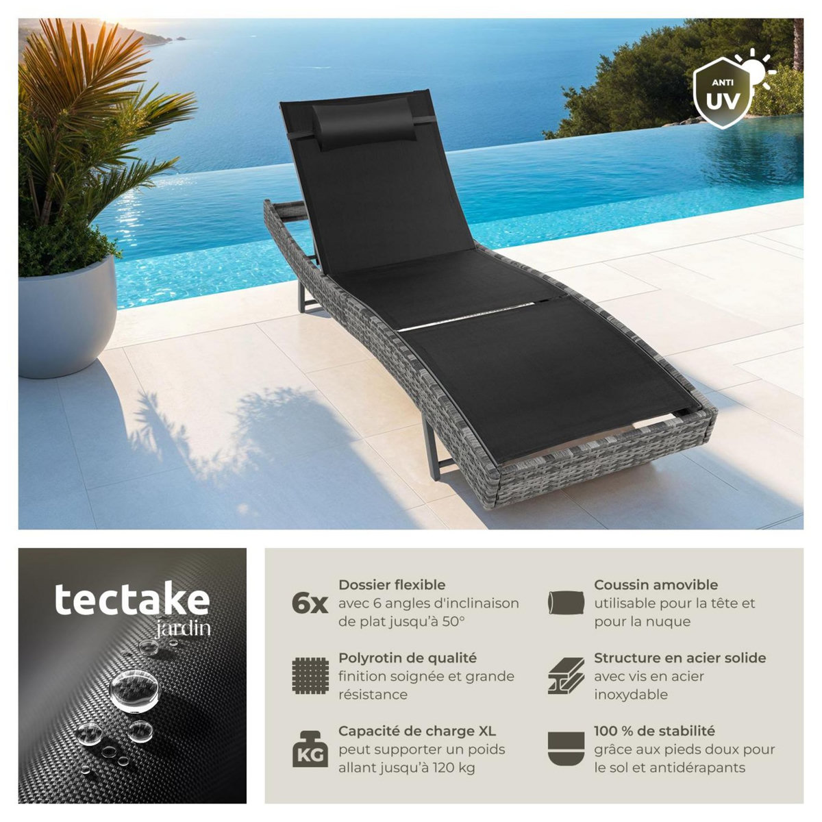 tectake Bain de soleil en rotin résistant et anti-UV gris tacheté