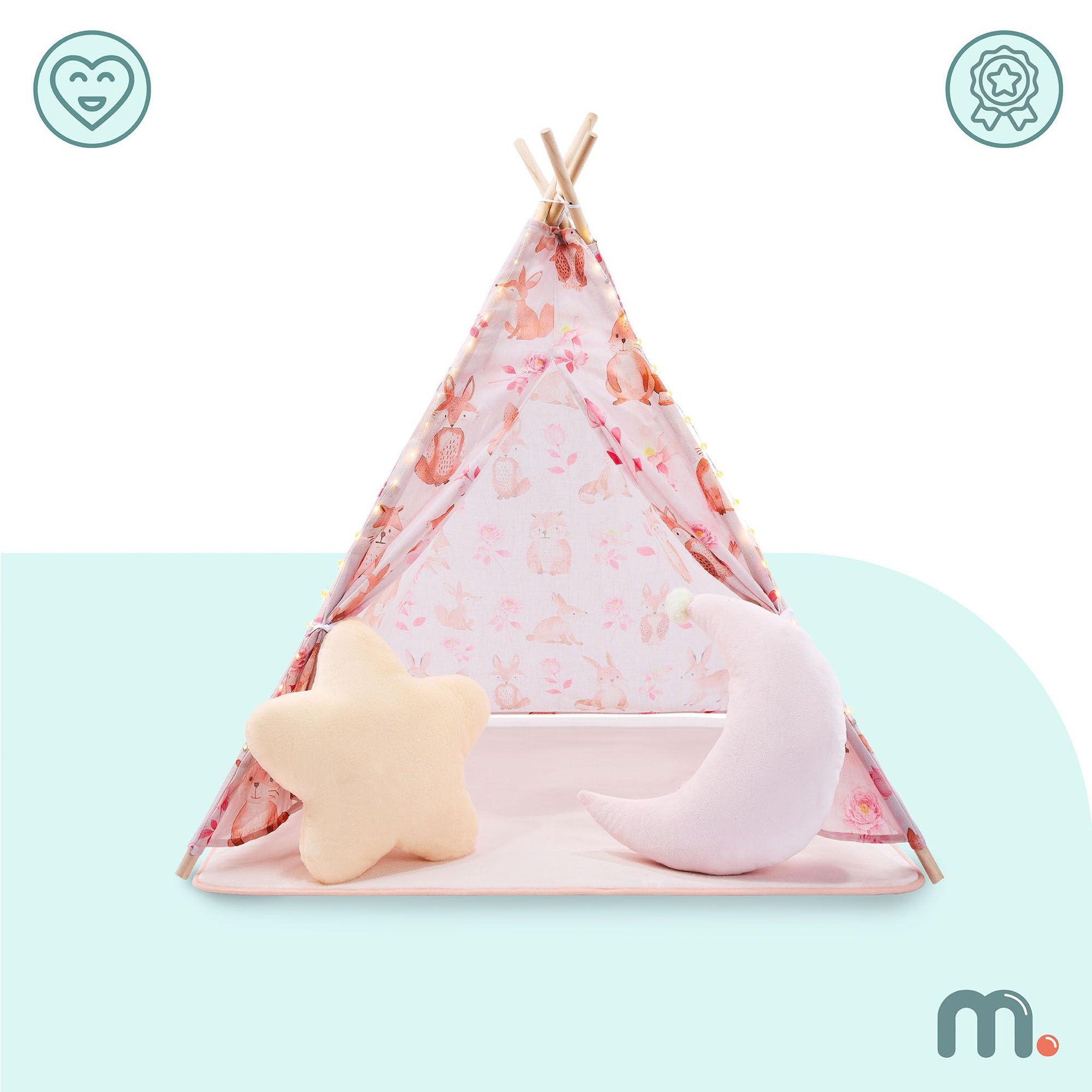 Voir la diapositive 2 : HYPERMOTION Tente Tipi Enfant en Bois Pin et Tissu Tapis Antidérapant LED 100x100cm Rose