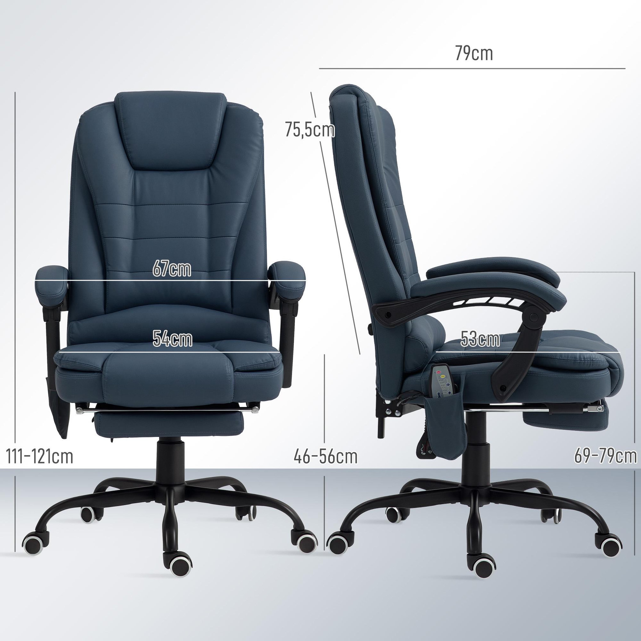 Voir la diapositive 3 : VINSETTO Vinsetto Fauteuil de bureau direction massant hauteur réglable dossier inclinable repose-pied + coussin lombaires intégrés revêtement synthétique bleu