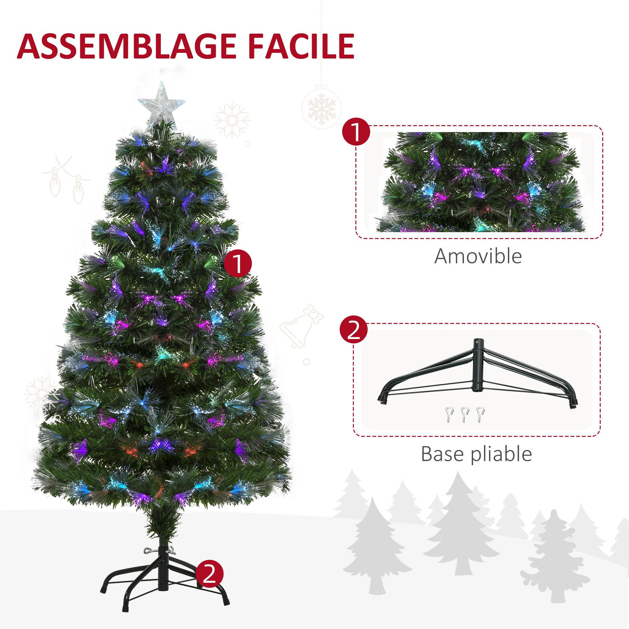 Voir la diapositive 6 : HOMCOM Sapin de Noël artificiel lumineux fibre optique LED multicolore + support pied Ø 66 x 120H cm 130 branches étoile sommet brillante vert