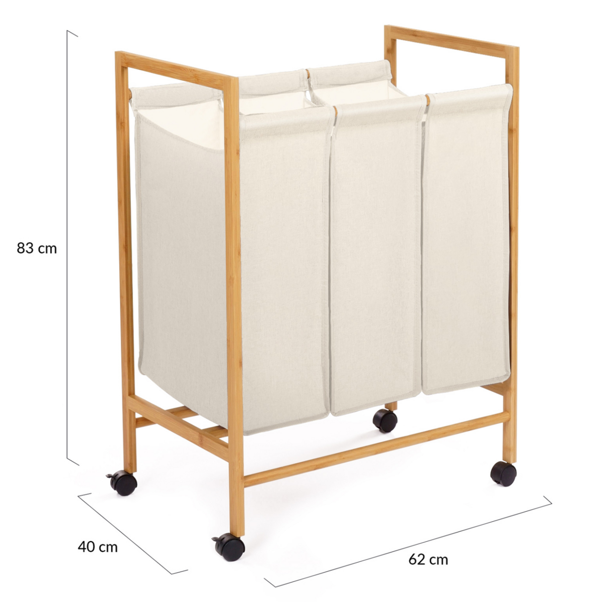 ID MARKET Panier à linge 3 compartiments bambou RITA tissu écru avec roulettes