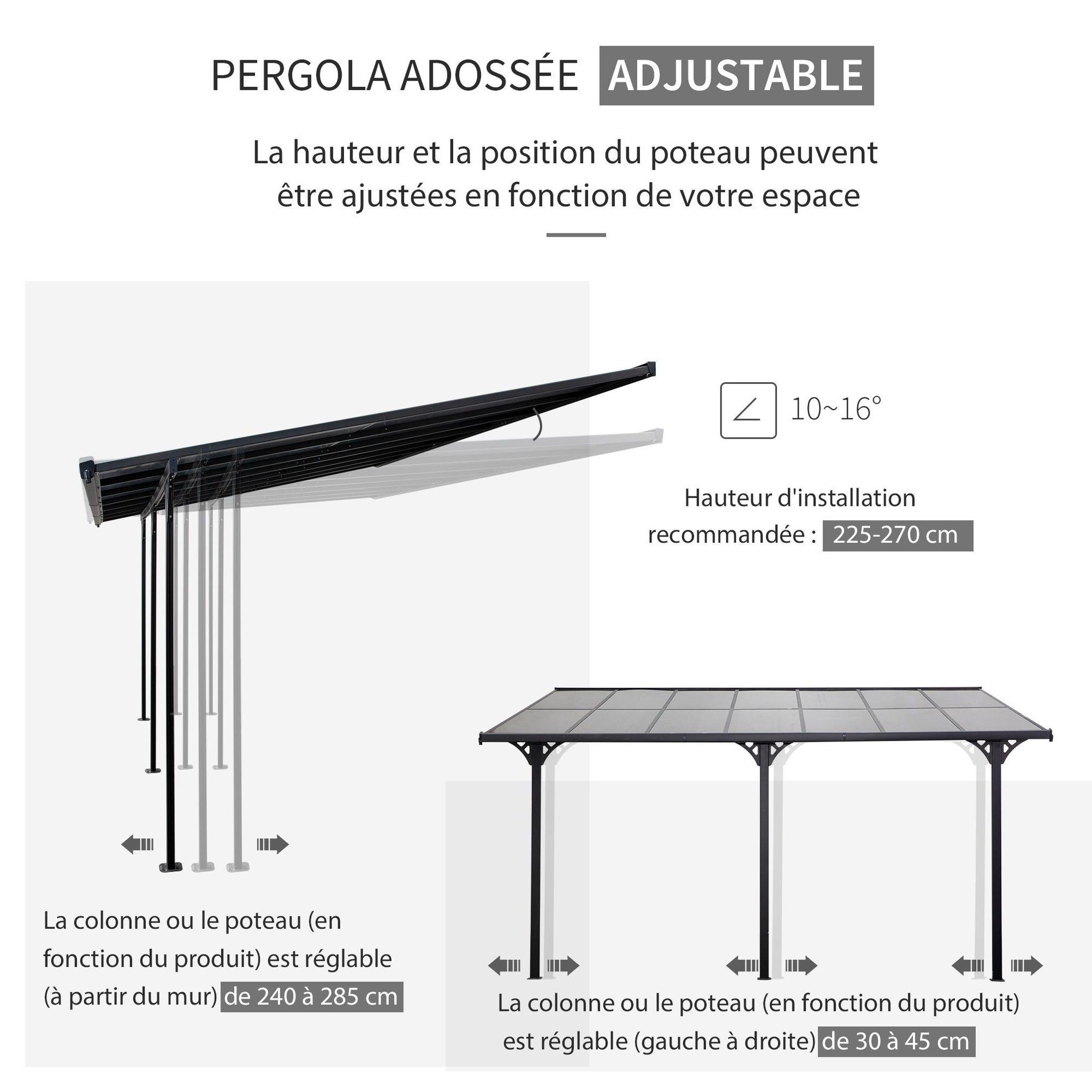 Voir la diapositive 4 : OUTSUNNY Pergola rigide alu. polycarbonate dim. 4,35L x 3l x 2,7H m pavillon de jardin adossable gris