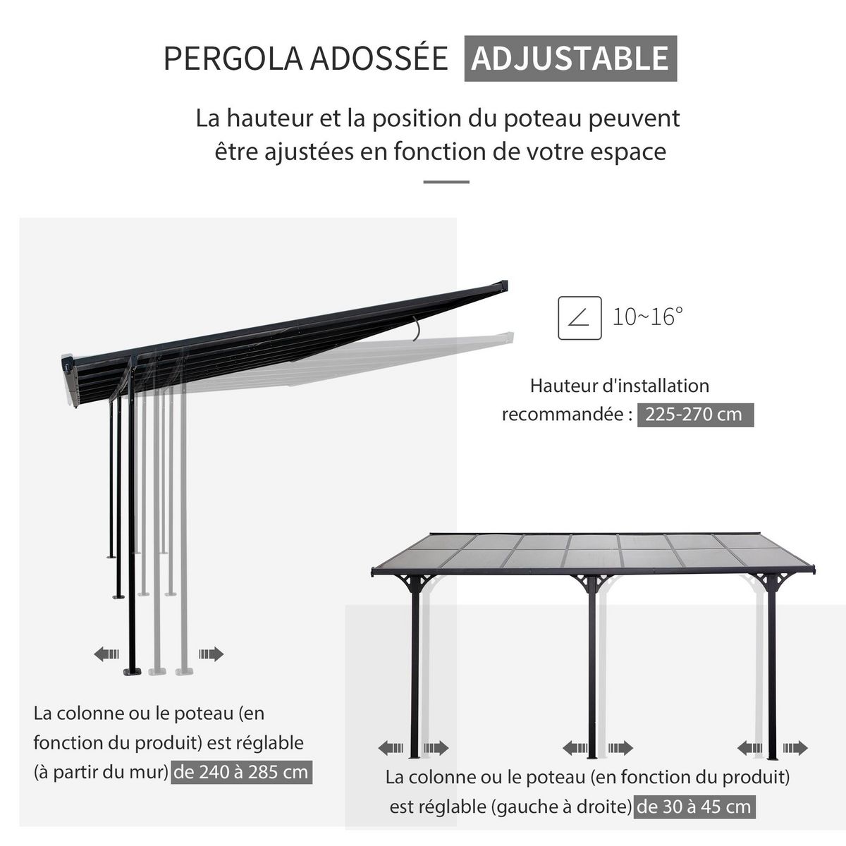 OUTSUNNY Pergola rigide alu. polycarbonate dim. 4,35L x 3l x 2,7H m pavillon de jardin adossable gris