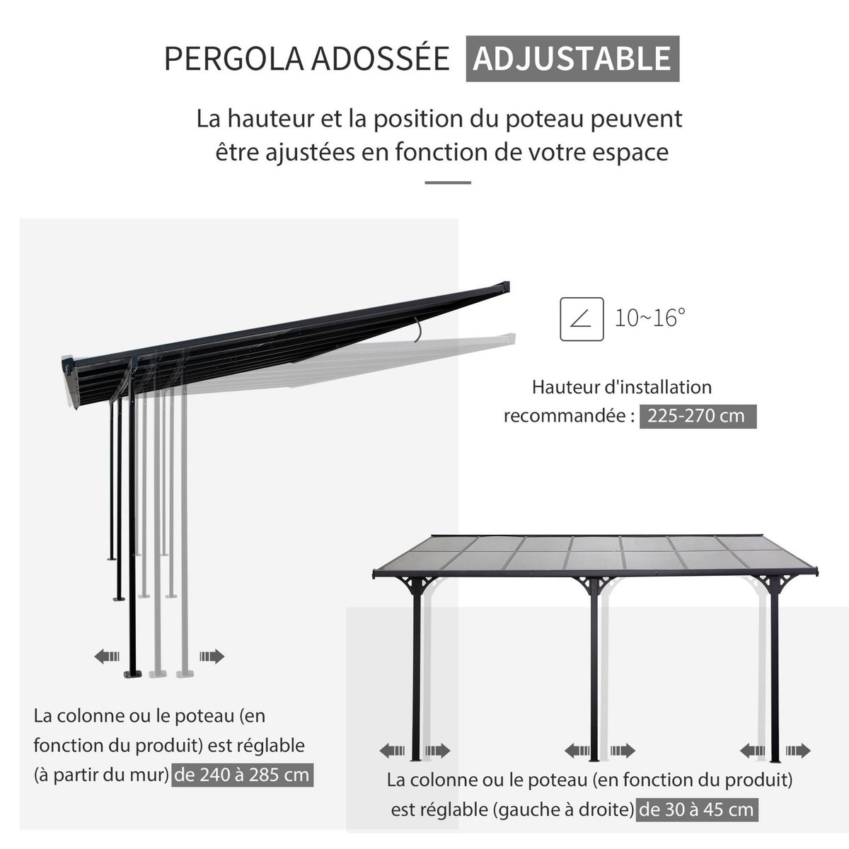 OUTSUNNY Pergola rigide alu. polycarbonate dim. 4,35L x 3l x 2,7H m pavillon de jardin adossable gris
