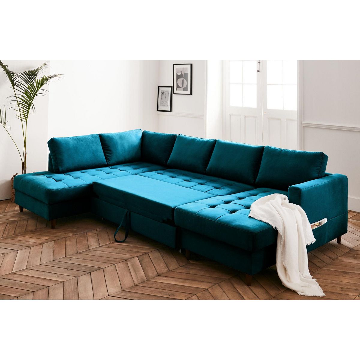 LISA DESIGN Anna - canapé panoramique d'angle gauche - 7 places - convertible avec coffre - en velours