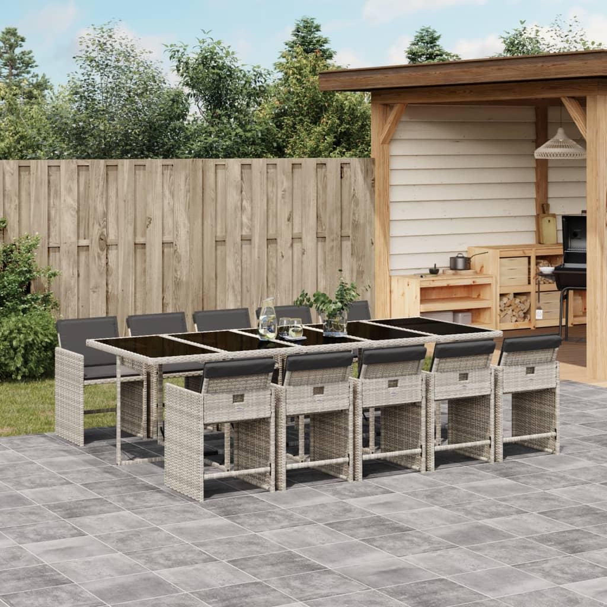 VIDAXL Ensemble a manger de jardin 11pcs avec coussins gris poly rotin