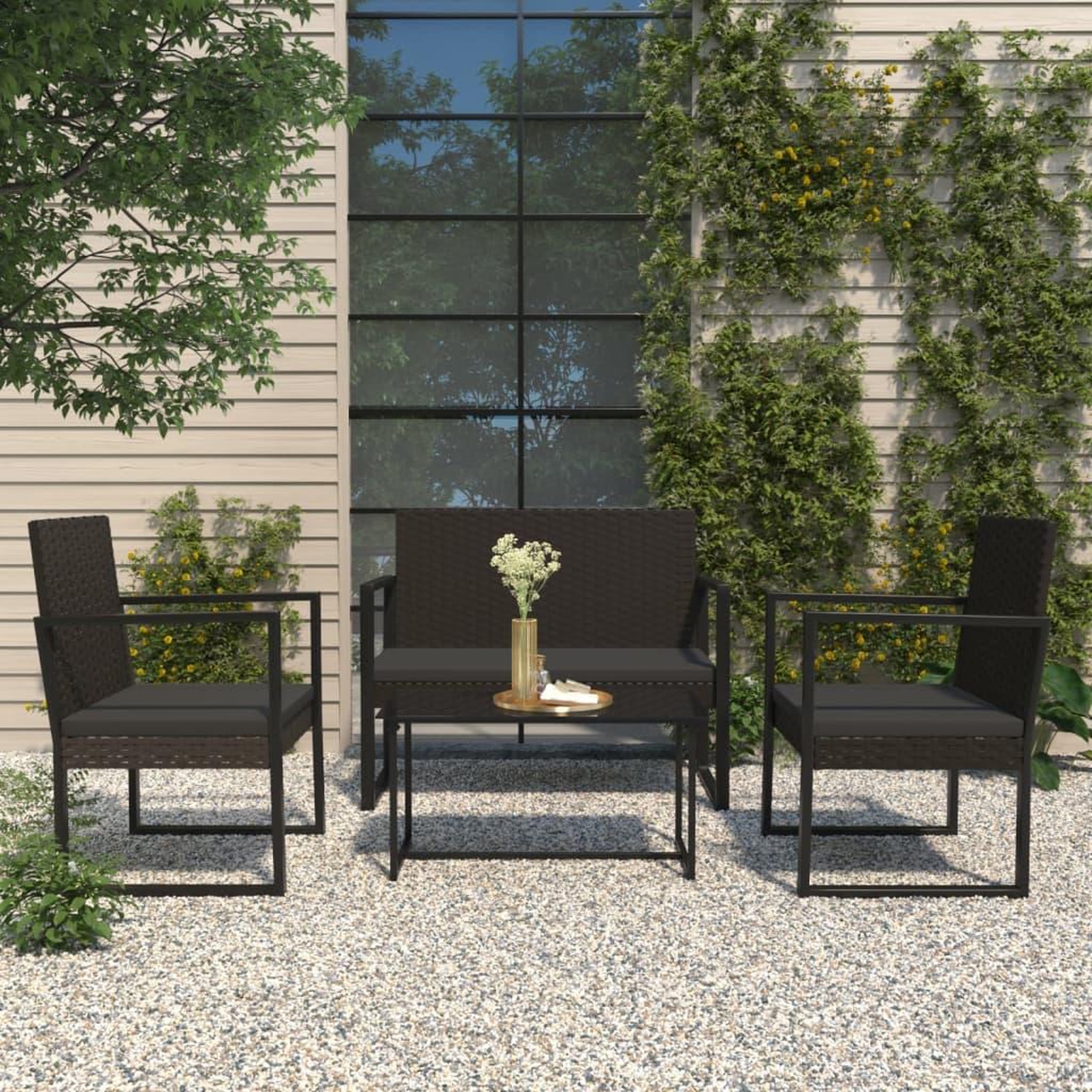 Voir la diapositive 1 : VIDAXL Salon de jardin 4 pcs avec coussins Noir Resine tressee