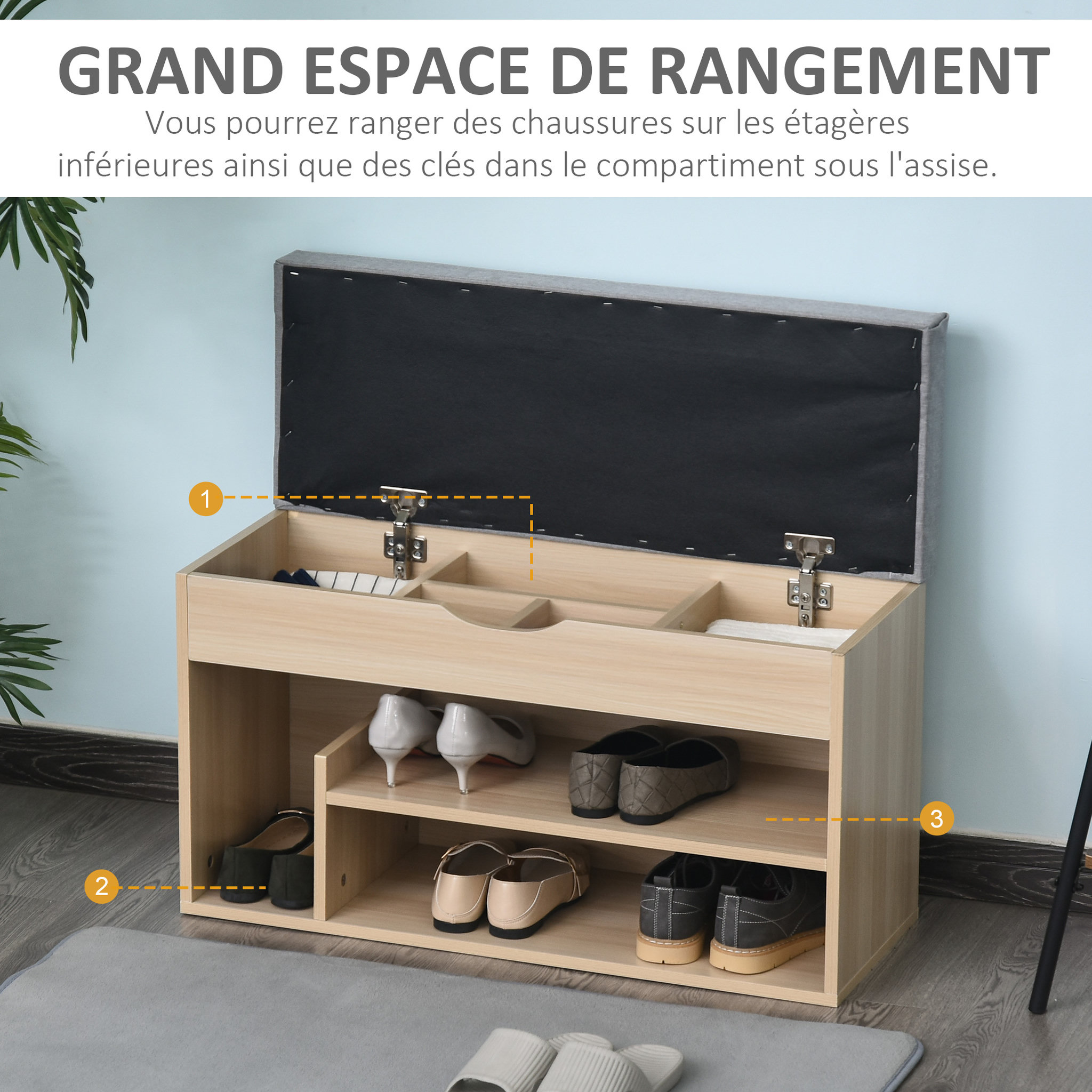 Voir la diapositive 6 : HOMCOM Meuble chaussures banc à chaussures 2 niveaux rangement, niche + coffre intégré avec coussin beige gris