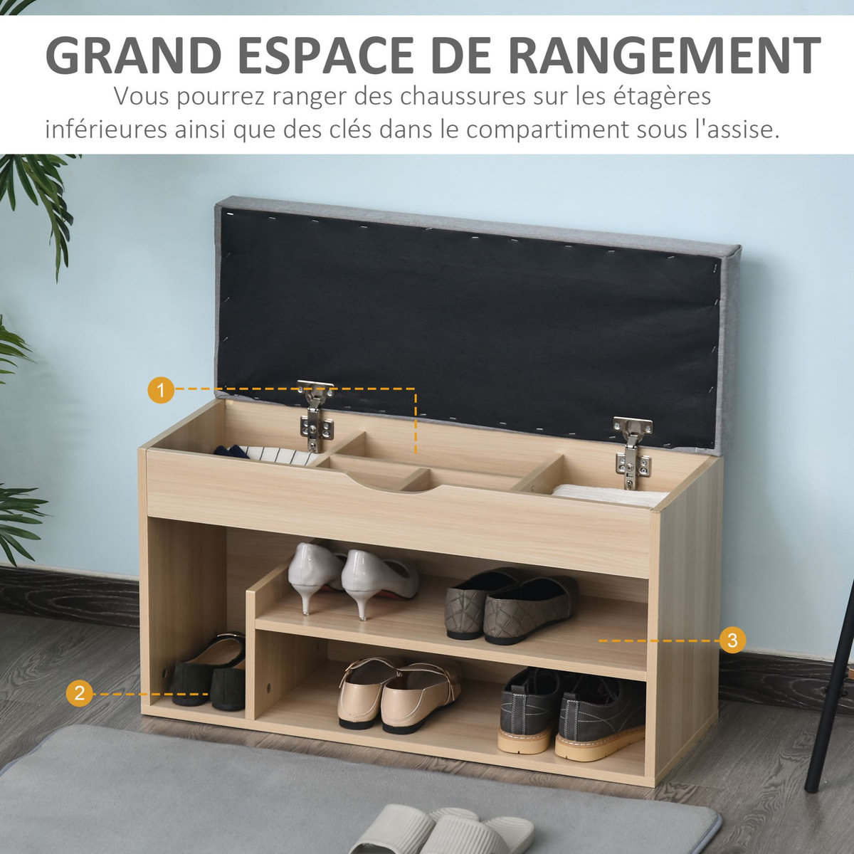 HOMCOM Meuble chaussures banc à chaussures 2 niveaux rangement, niche + coffre intégré avec coussin beige gris