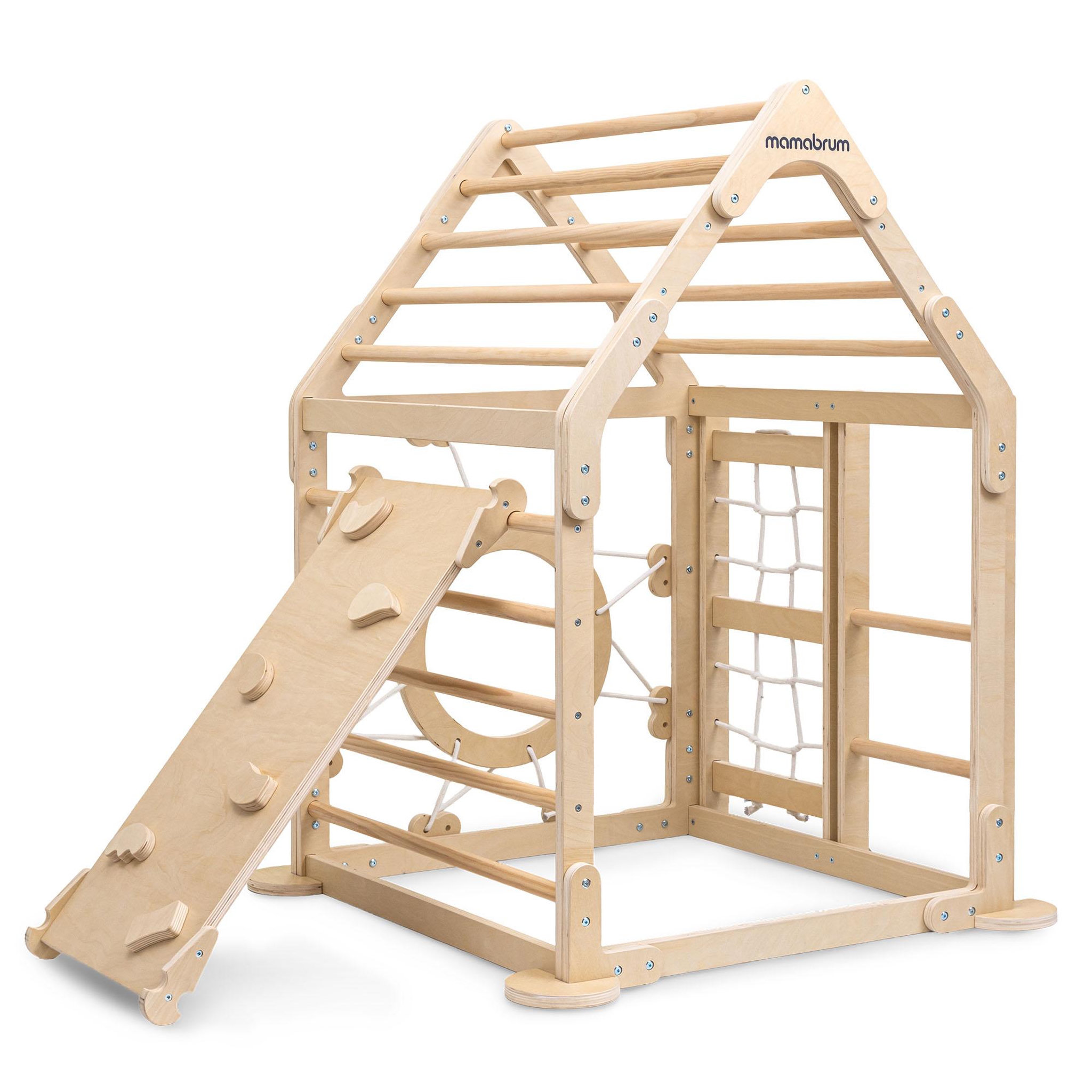MAMABRUM Aire de Jeux Intérieure en Bois Mamabrum avec Mur d'Escalade, Échelles, Filet et Toboggan