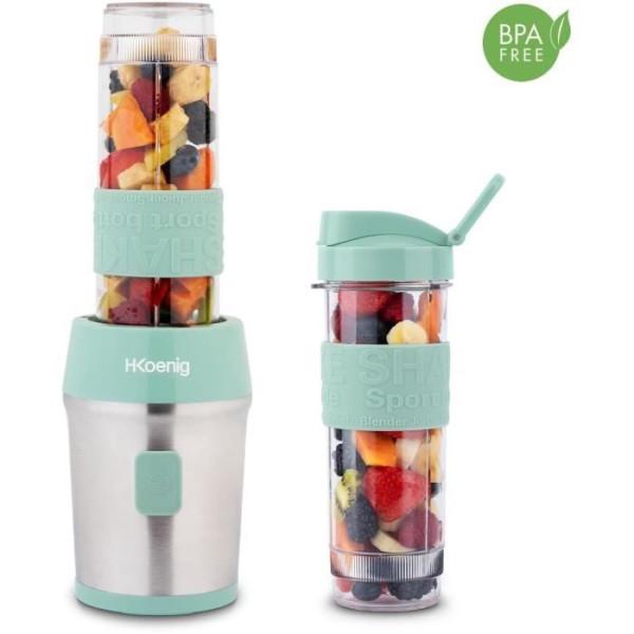 Voir la diapositive 2 : HKOENIG Blender Mini  - H.KoeNIG - SMOO18 - 300 W - 570 mL - Vert pastel - 2 gourdes incluses - Sans BPA
