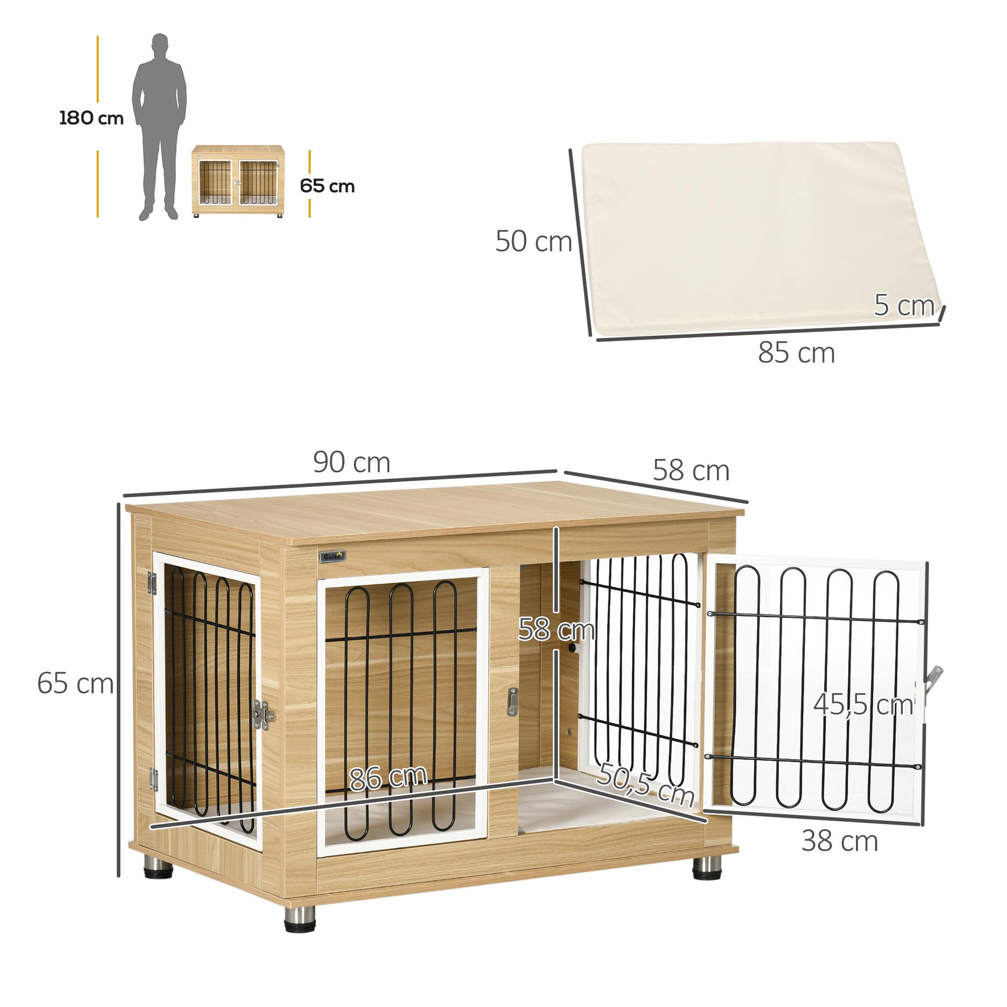 Voir la diapositive 3 : PAWHUT Cage pour chien sur pied - 2 portes verrouillables, coussin déhoussable inclus - acier filaire noir panneaux aspect bois clair