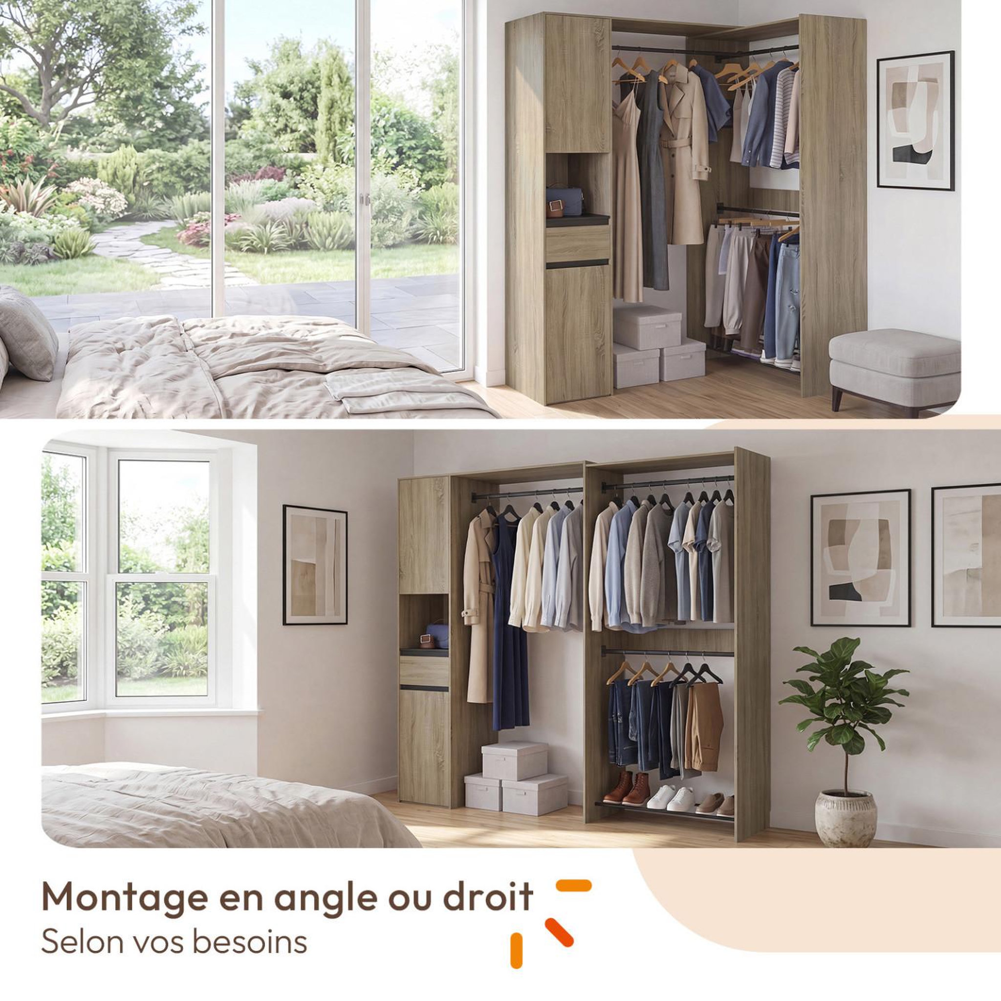 Voir la diapositive 3 : ID MARKET Dressing d'angle modulable l. 145 / 203 cm melman triple penderie + portes + tiroir + étagères bois et noir