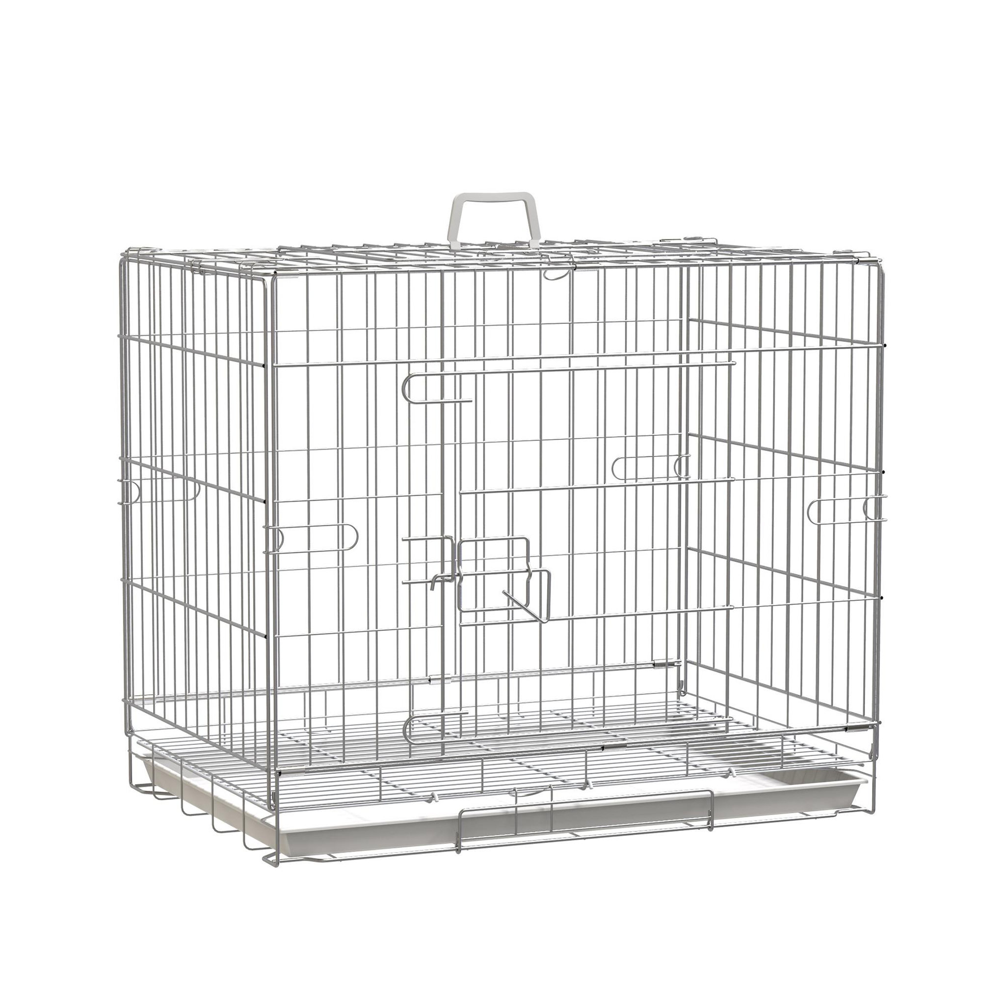 PAWHUT Cage pour chien pliable - plateau excrément coulissant - 2 portes verrouillable, poignée - dim. 61l x 43l x 50h cm - fer galvanisé pp blanc