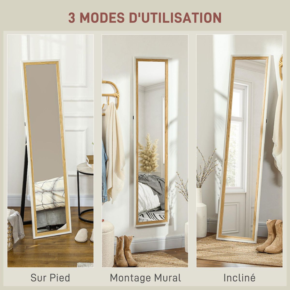 HOMCOM Miroir sur pied et mural design pleine longueur 37 x 157 cm cadre bicolore effet bois clair blanc