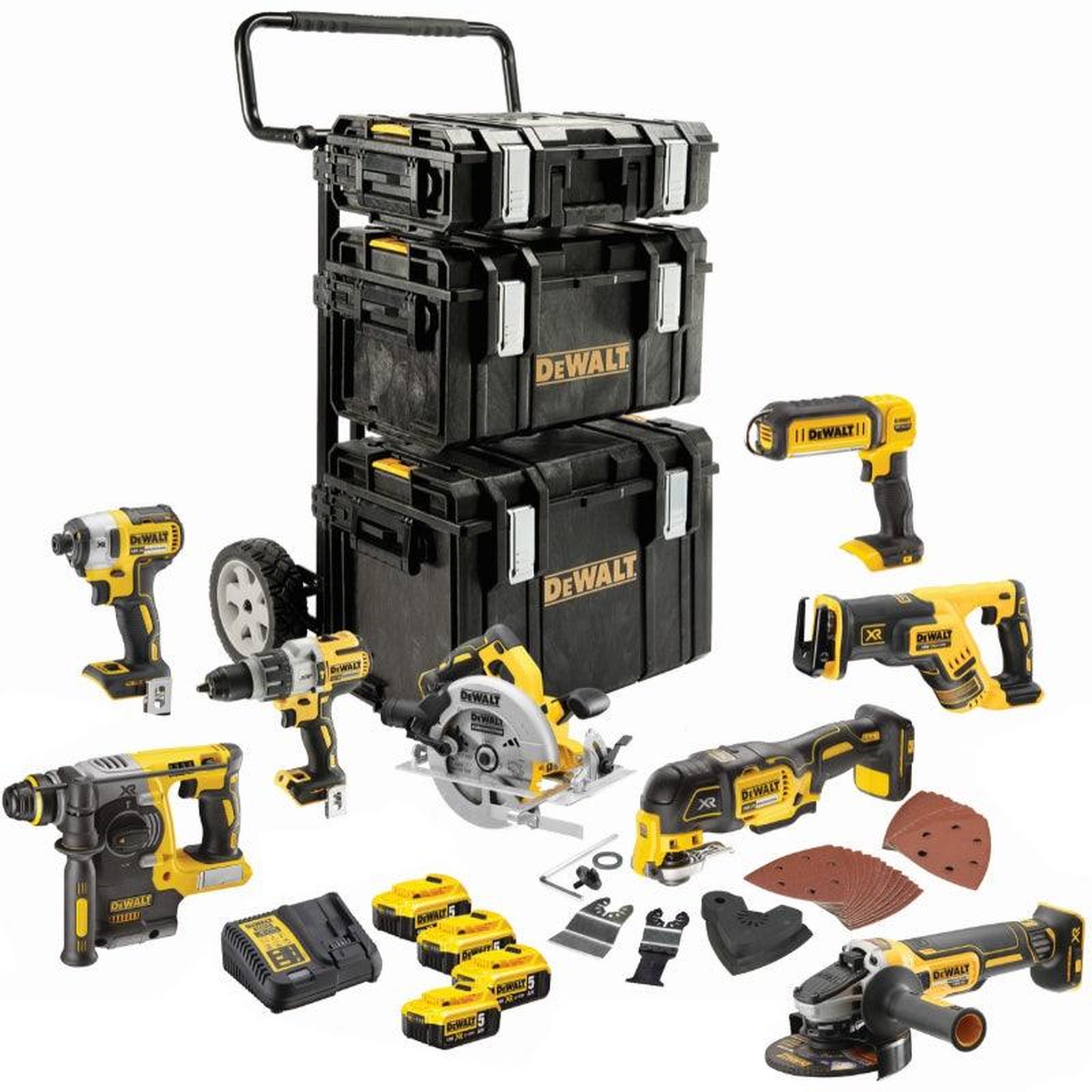 Dewalt Pack premium 8 outils xr 18v brushless + 4x5ah + chargeur + 3 coffrets + chariot