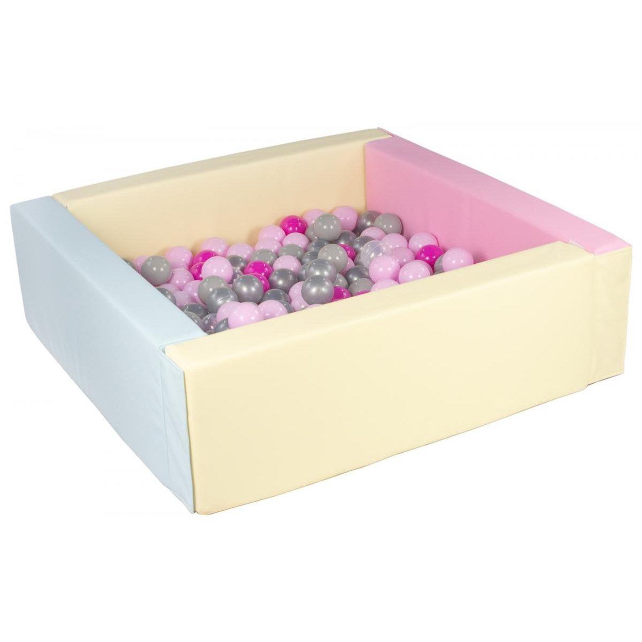 VELINDA Piscine à balles carrée avec 200 balles - bords 3 couleurs/transparent, rose, gris, argent, rose p