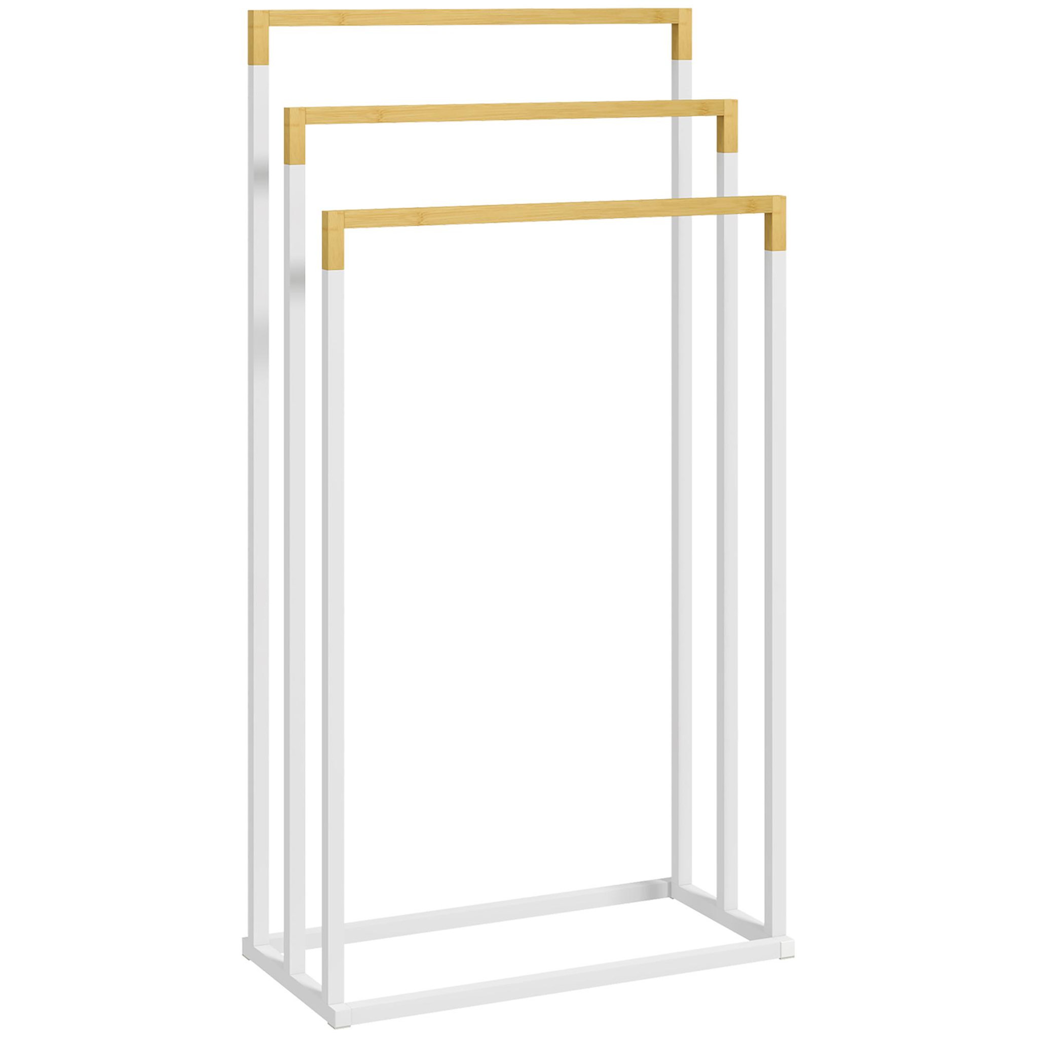 KLEANKIN Porte-serviette autoportant 3 barres - dim. 45l x 22l x 86h cm - bois bambou acier blanc