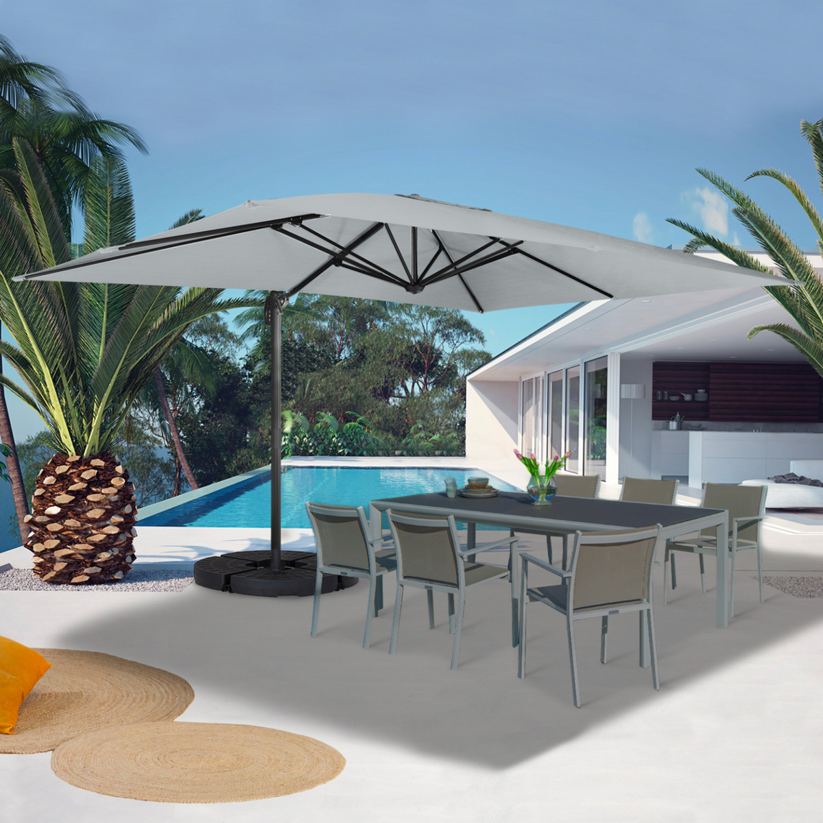 ID MARKET Parasol déporté inclinable rotatif 360 CALVI gris clair 3x4 M avec 4 dalles et housse