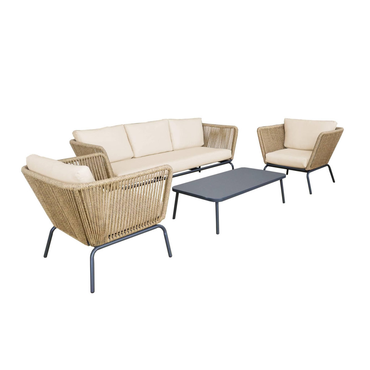 SWEEEK Salon de jardin bas Singapour, résine tressée effet corde, 5 places, coussins déhoussables