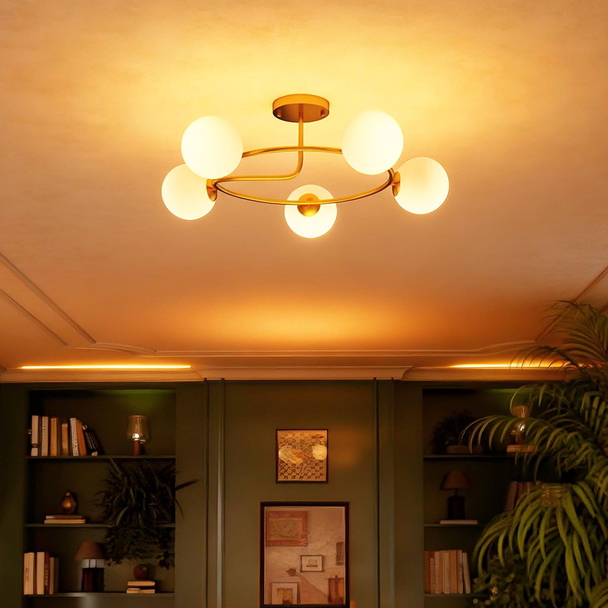 HOMCOM Plafonnier design néo-rétro 5 globes verre blanc opaque max. 20W métal doré