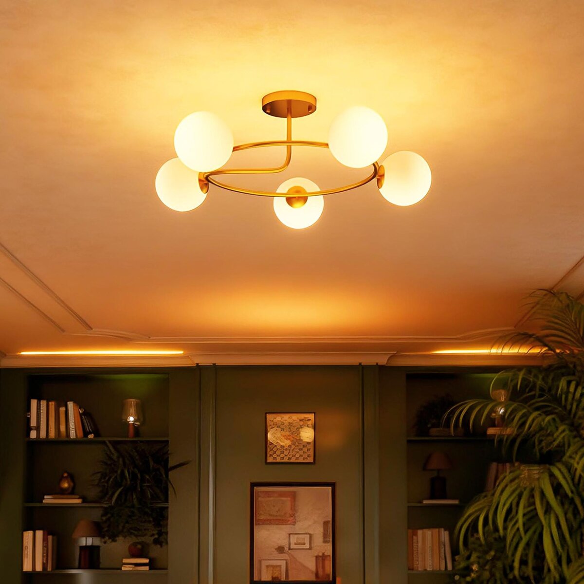 HOMCOM Plafonnier design néo-rétro 5 globes verre blanc opaque max. 20W métal doré