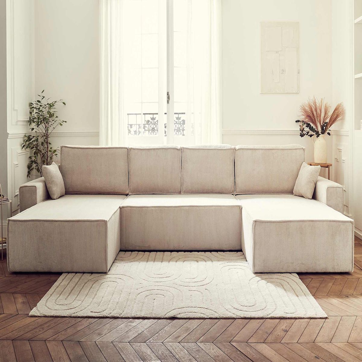 BEST MOBILIER Dellia - canapé panoramique en u - 7 places - convertible - avec coffre - en velours côtelé