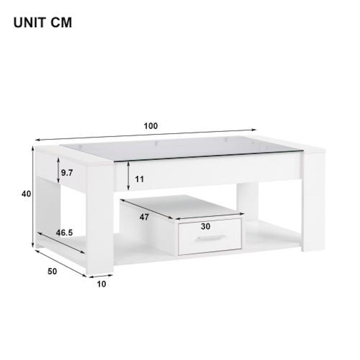 MERAX Table basse rectangulaire blanc avec 1 tiroir - 50x100 cm panneau de particules