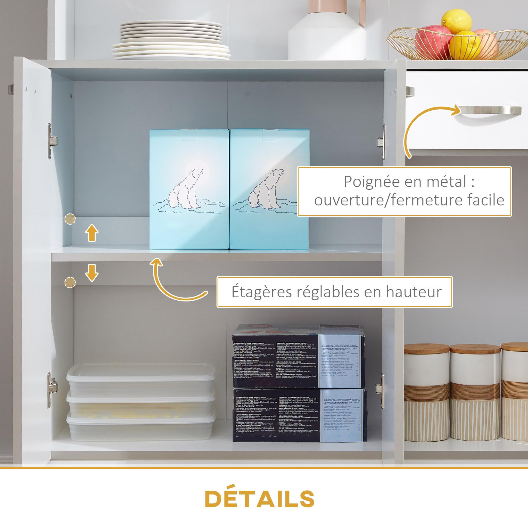 Voir la diapositive 6 : HOMCOM Buffet haut multi-rangement - 6 portes, tiroir, grand plateau - dim. 101L x 39l x 180H cm - panneaux particules blanc gris