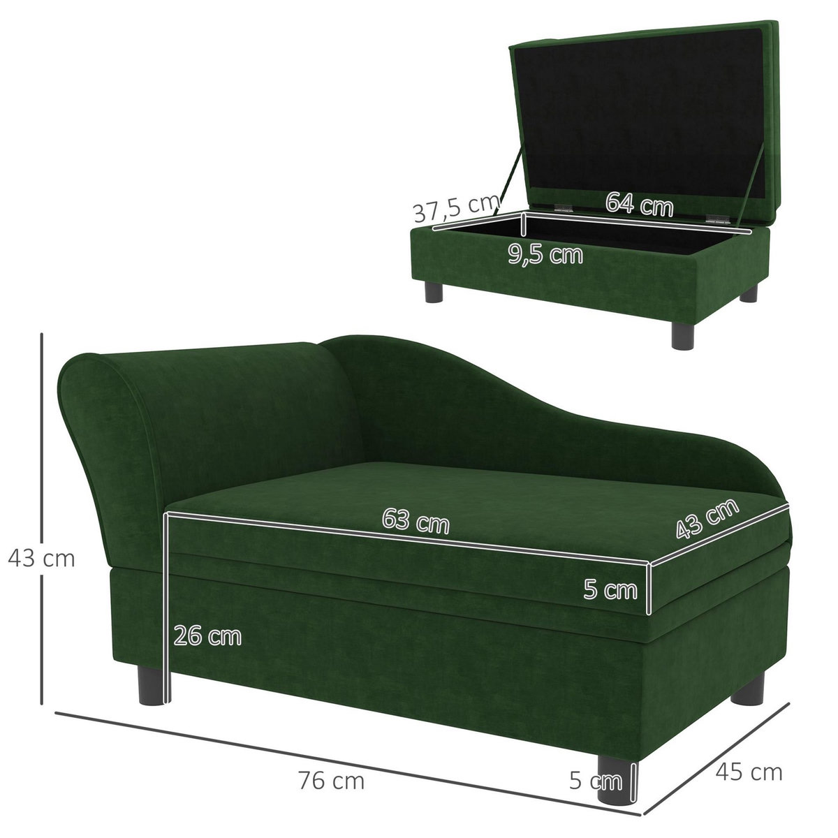 PAWHUT Canapé chien design méridienne - coffre rangement intégré - velours vert
