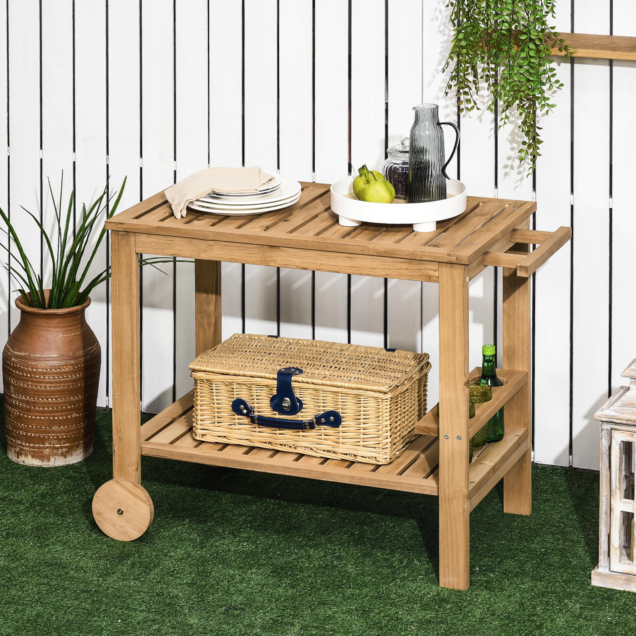 Voir la diapositive 2 : OUTSUNNY Desserte de jardin - desserte pour plancha - étagère, 3 porte-bouteilles, 2 roues, poignée - bois sapin pré-huilé