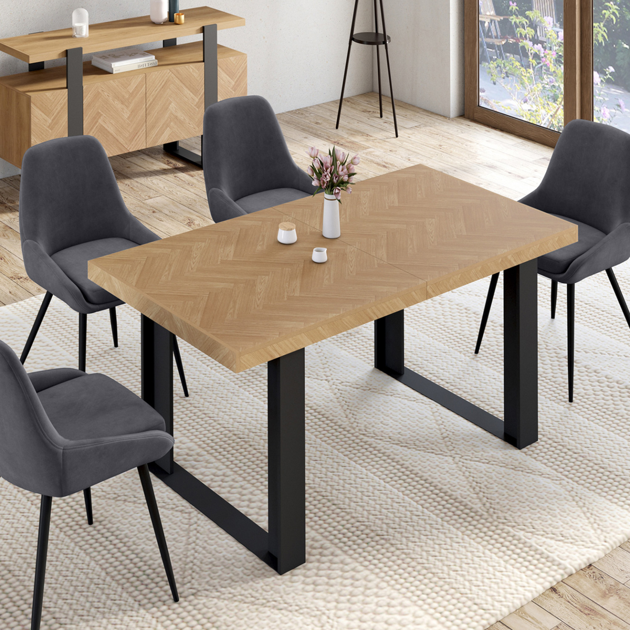 Voir la diapositive 4 : ID MARKET Table à manger extensible rectangle cassius 4-8 personnes effet chevrons et pieds noirs 160-200 cm