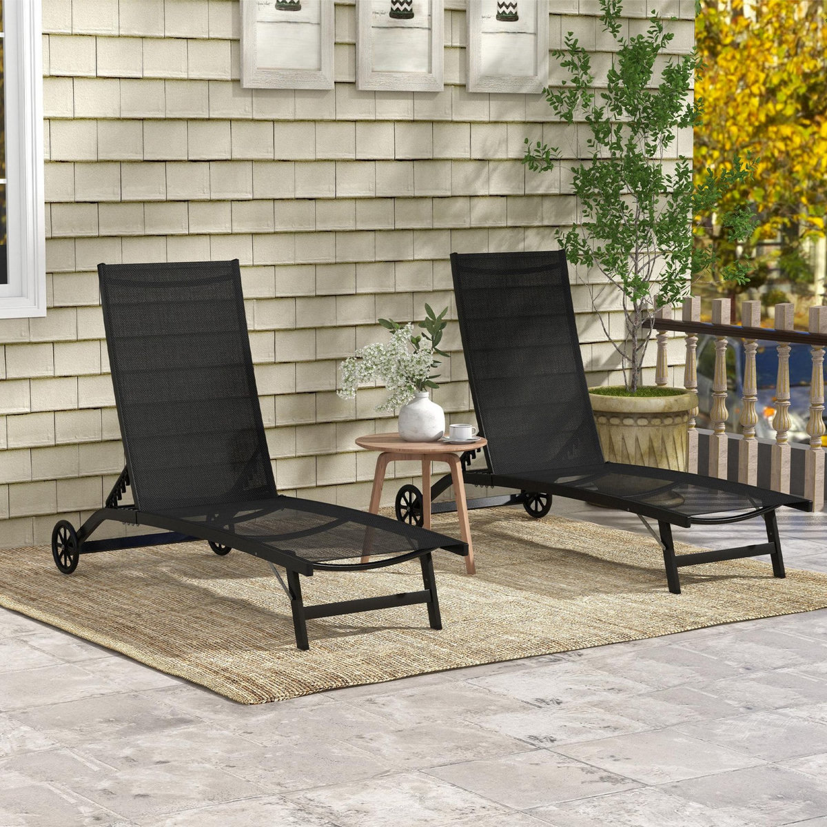 OUTSUNNY Lot de 2 bains de soleil transats inclinables - 2 roulettes - alu. textilène noir