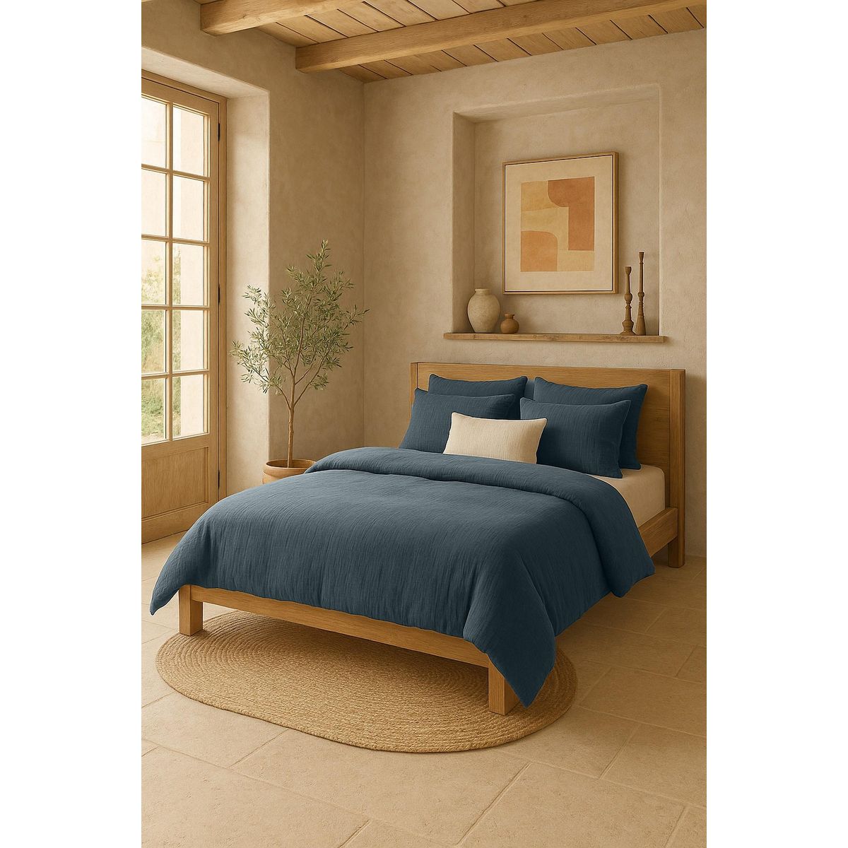 BATON ROUGE Housse de couette 100% gaze de coton lavé bleu pétrole