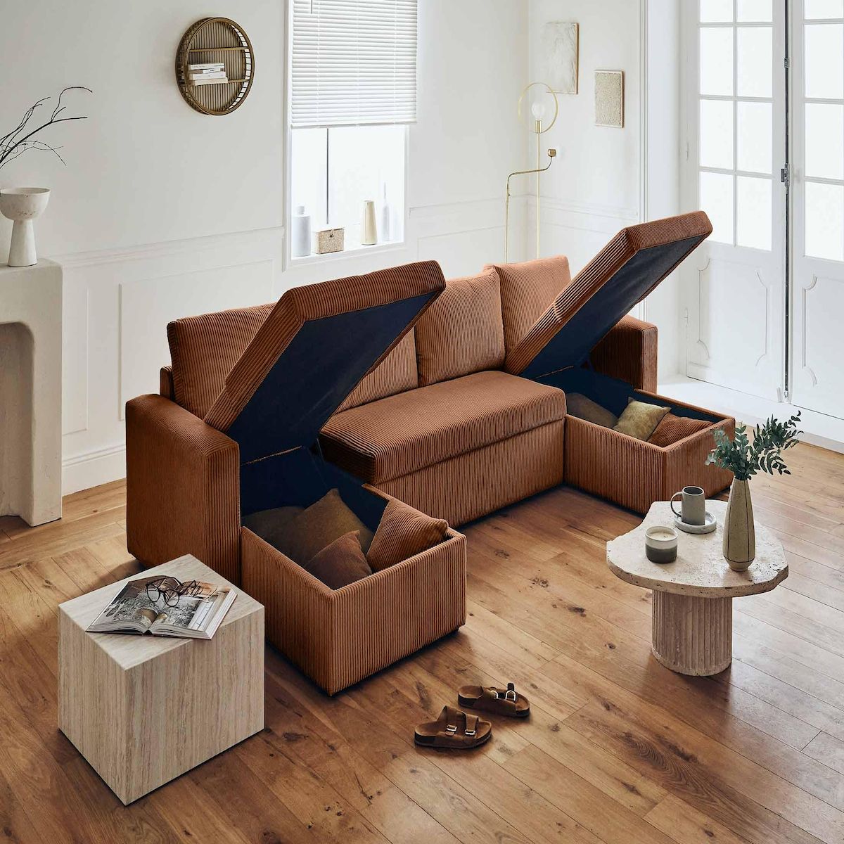 BEST MOBILIER Cyrus - canapé panoramique en u - 7 places - convertible avec coffre - en velours côtelé