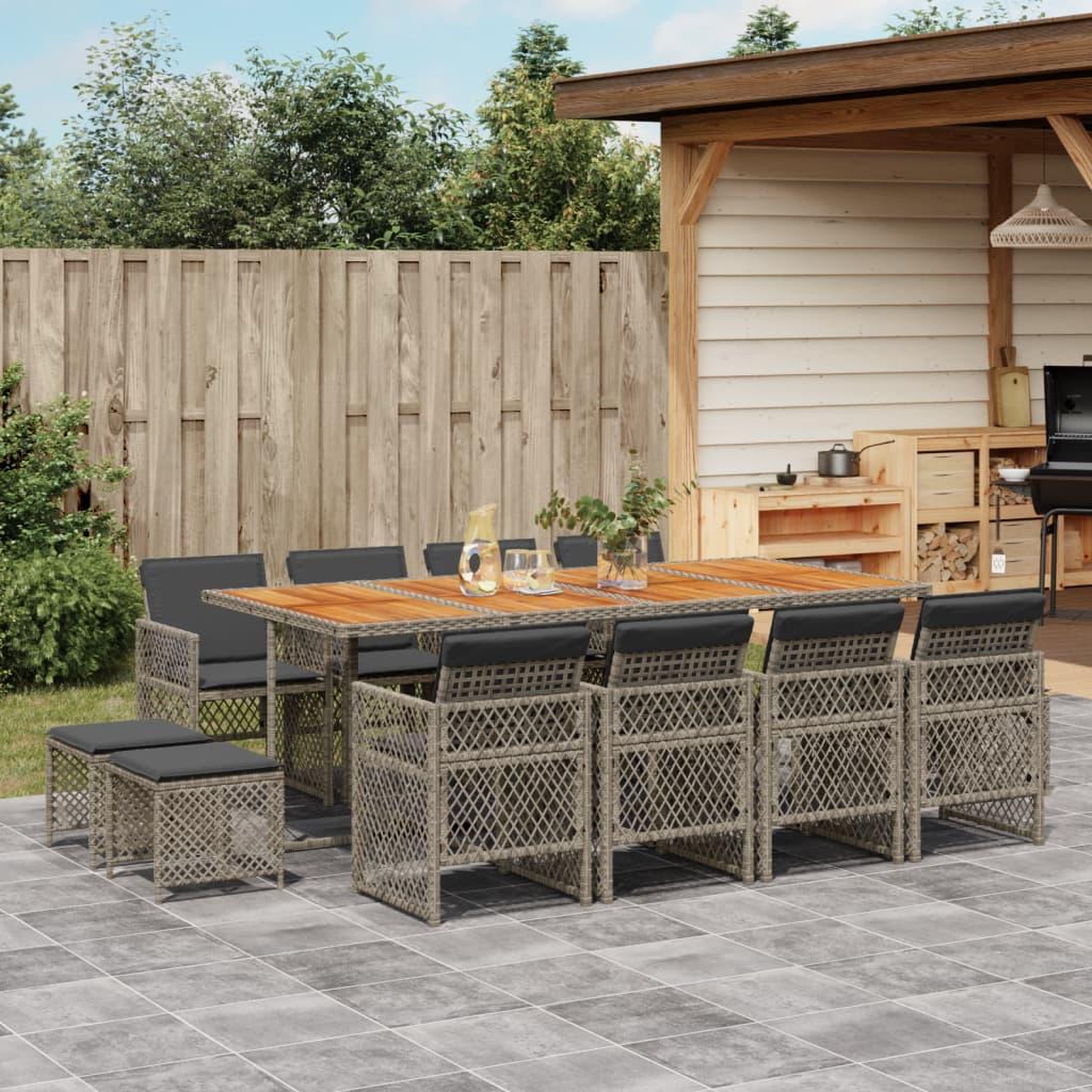 VIDAXL Ensemble a manger de jardin coussins 13 pcs gris resine tressee