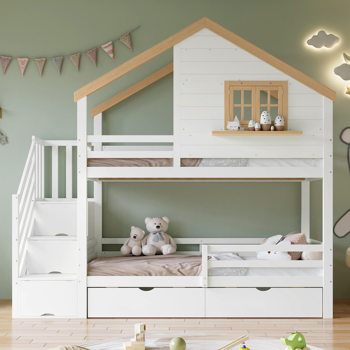 MERAX Lit superposé 90x200cm coloris blanc+naturel pin et mdf