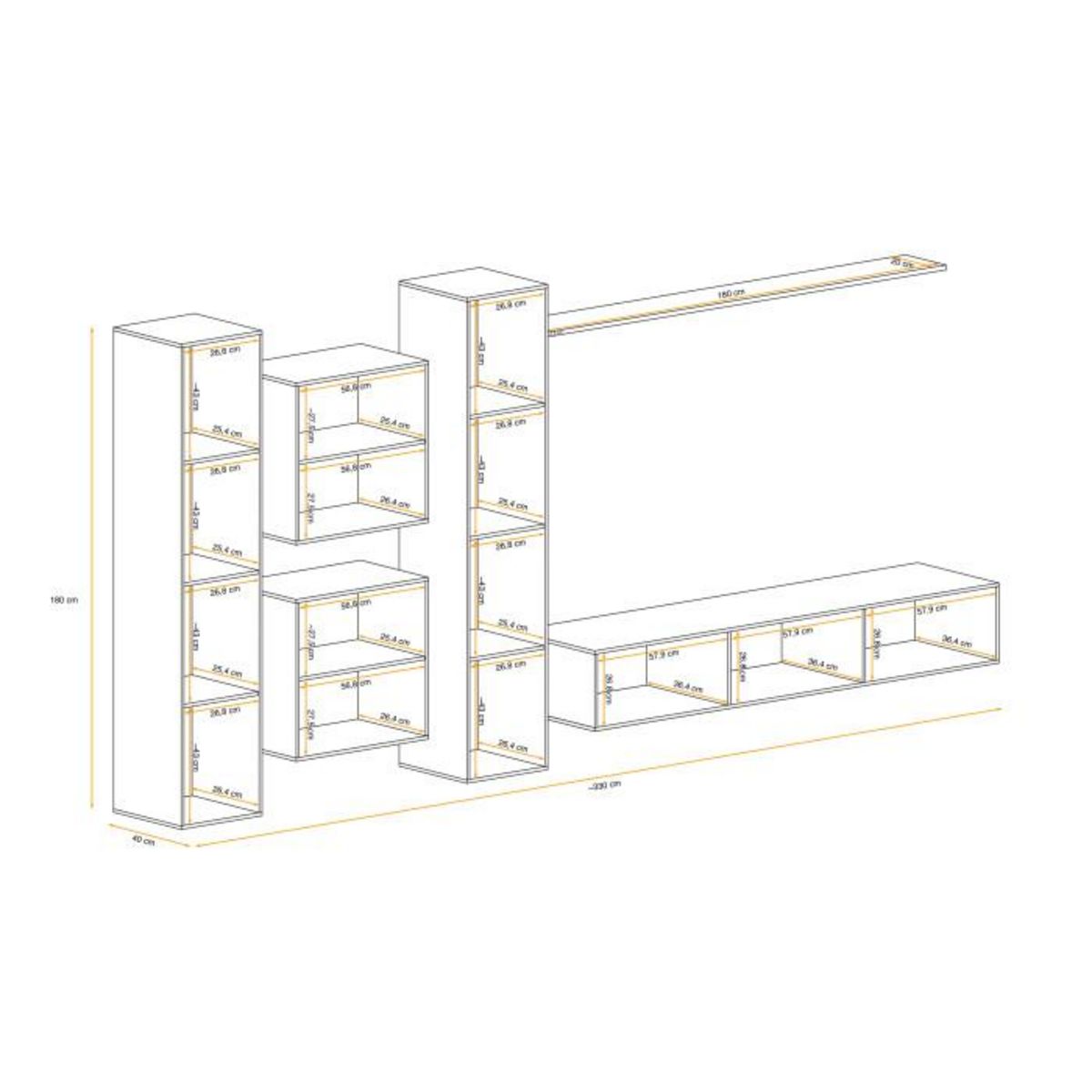 Paris Prix Meuble TV Mural Design  Switch VI  330cm Gris & Naturel