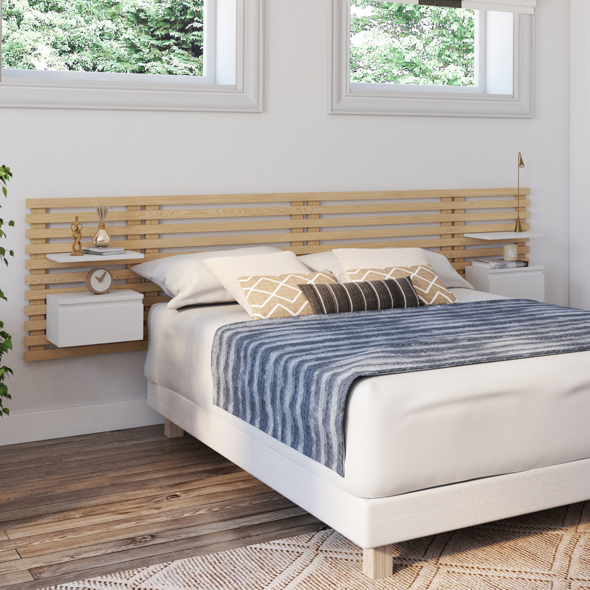 ID MARKET Tête de lit suspendue en lattes AVA 240 cm avec chevets + tiroir façon bois clair et blanc