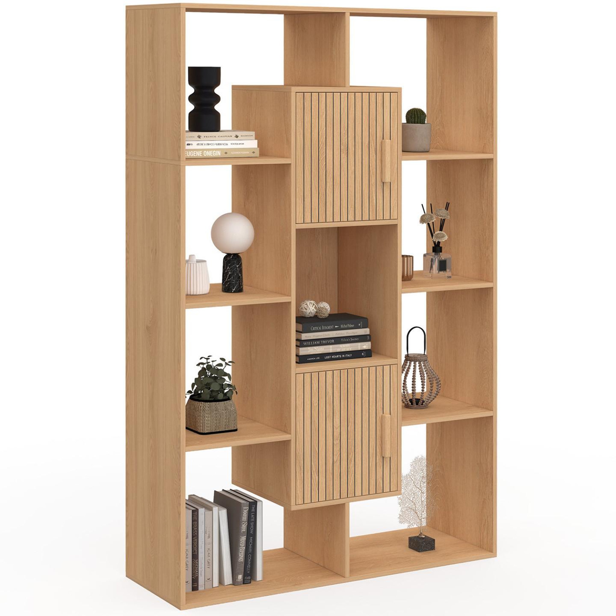 ID MARKET Etagère bibliothèque colette avec 11 compartiments et 2 cases juliette effet lattes 143 cm