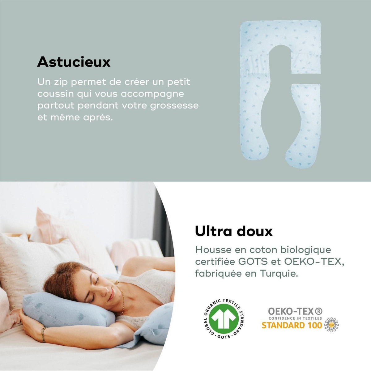 BABYMOOV Coussin de grossesse et d'allaitement (Format XXL) B.LOVE Babymoov - Coton Bio - Evolutif - Bleu