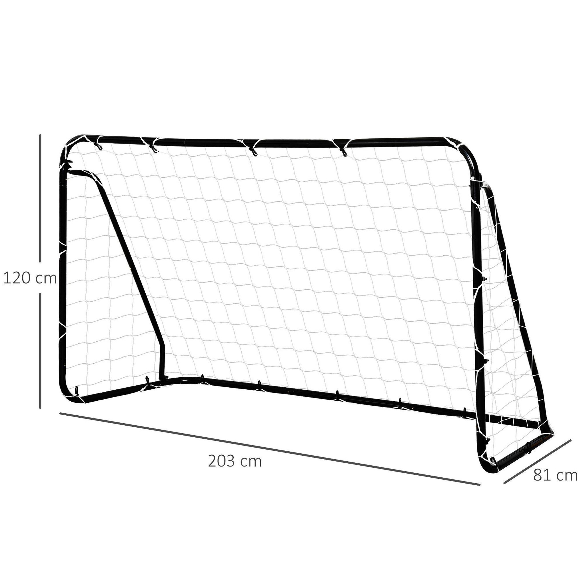 Voir la diapositive 3 : HOMCOM But de football - cage de foot - but futsal dim. 203l x 81l x 120h cm - châssis métal époxy filet polyester - piquets inclus - noir