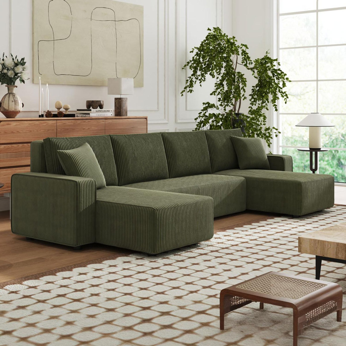 CONCEPT USINE Canapé panoramique convertible 6 places avec coffre en velours côtelé vert SALISBURY