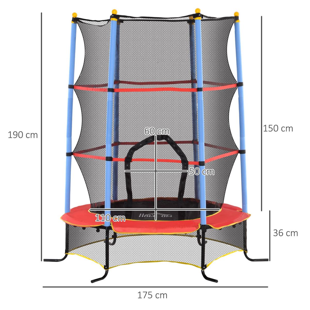 HOMCOM Trampoline de jardin enfant Ø 1,75 x 1,90H m filet de sécurité porte zipée couvre-ressorts + 6 poteaux rembourrés inclus rouge bleu noir